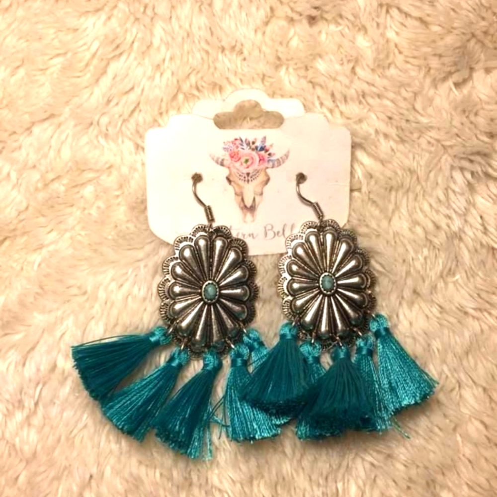 WESTERN BELLE TEAL TASSLE DROP EARRINGS